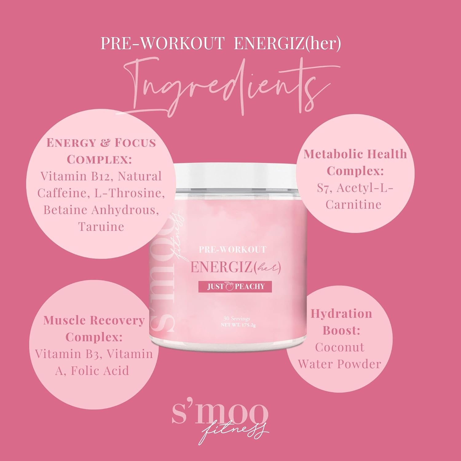 S'moo ENERGIZ(her) Pre Workout Powder - Just Peachy Flavor - 30 Servings - Energizing Preworkout Supplement