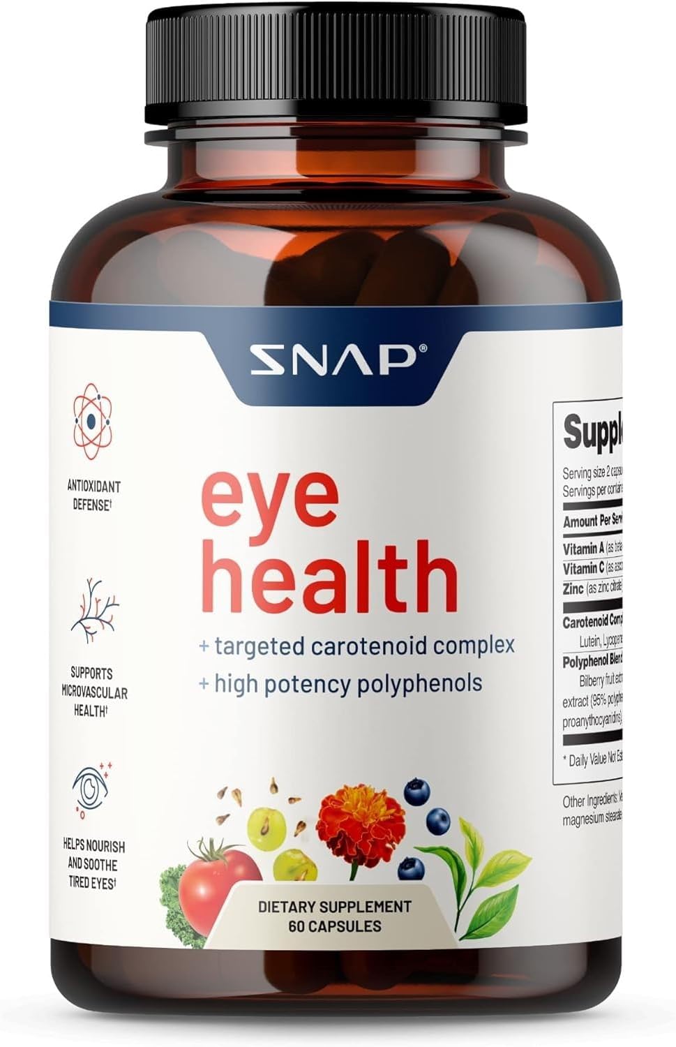 Snap Eye Health Supplements for Adults - Lutein, Zeaxanthin, Bilberry Extract - 60 Capsules