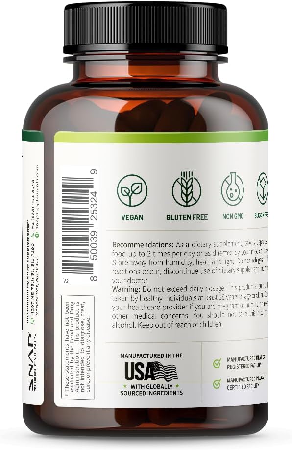 Snap L Arginine Capsules - Nitrosigine & L Citrulline for Energy, Blood Flow, Muscle Growth - Cardio Health Support - 60 Capsules