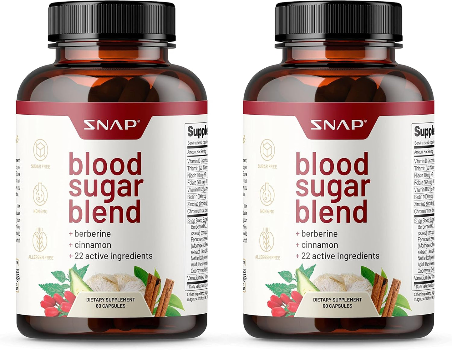 Snap Supplements Blood Sugar Support Capsules with Berberine, CoQ10, Cinnamon, Alpha Lipoic Acid and Gymnema - 120 Capsules, Sugar Free