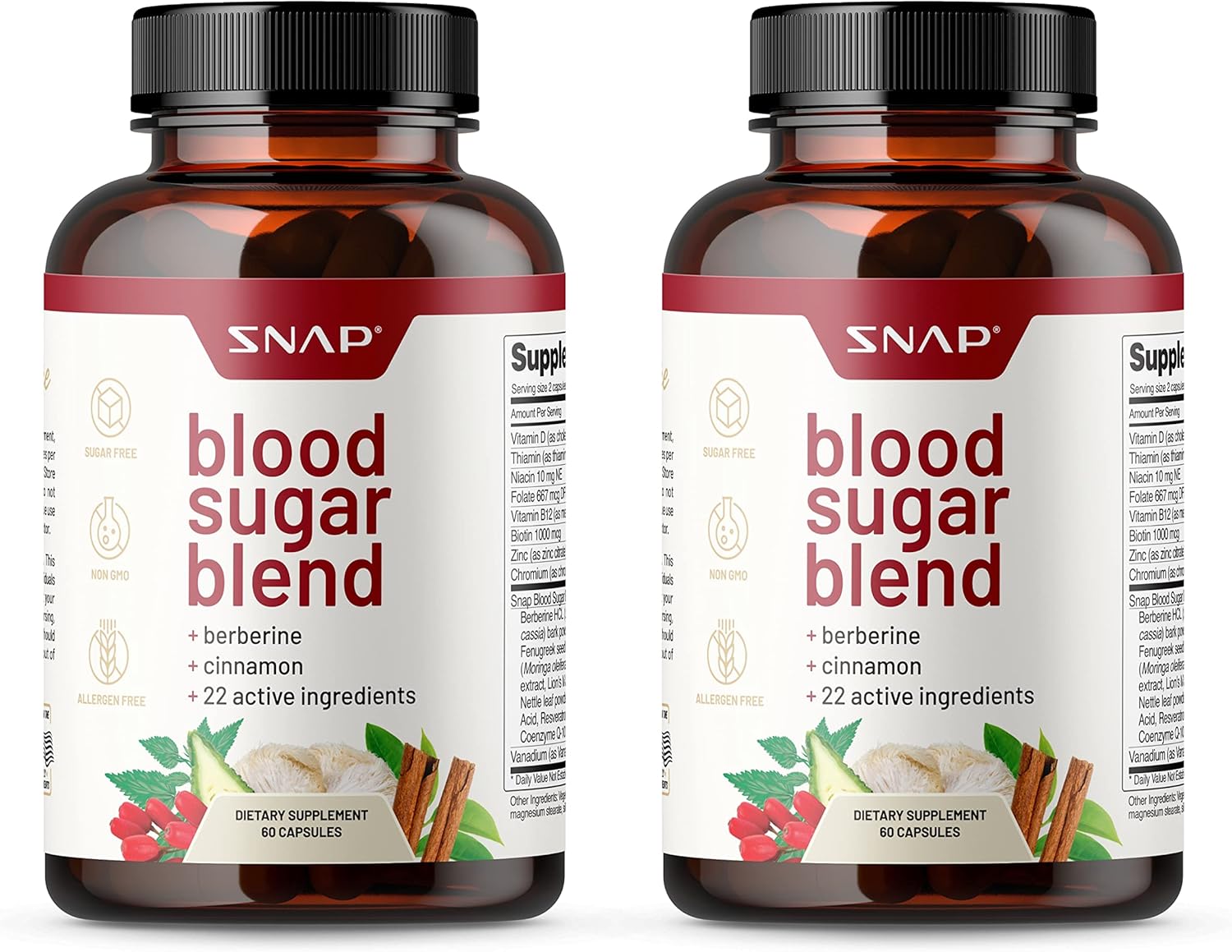 Snap Supplements Blood Sugar Support Capsules with Berberine, CoQ10, Cinnamon, Alpha Lipoic Acid and Gymnema - 120 Capsules, Sugar Free