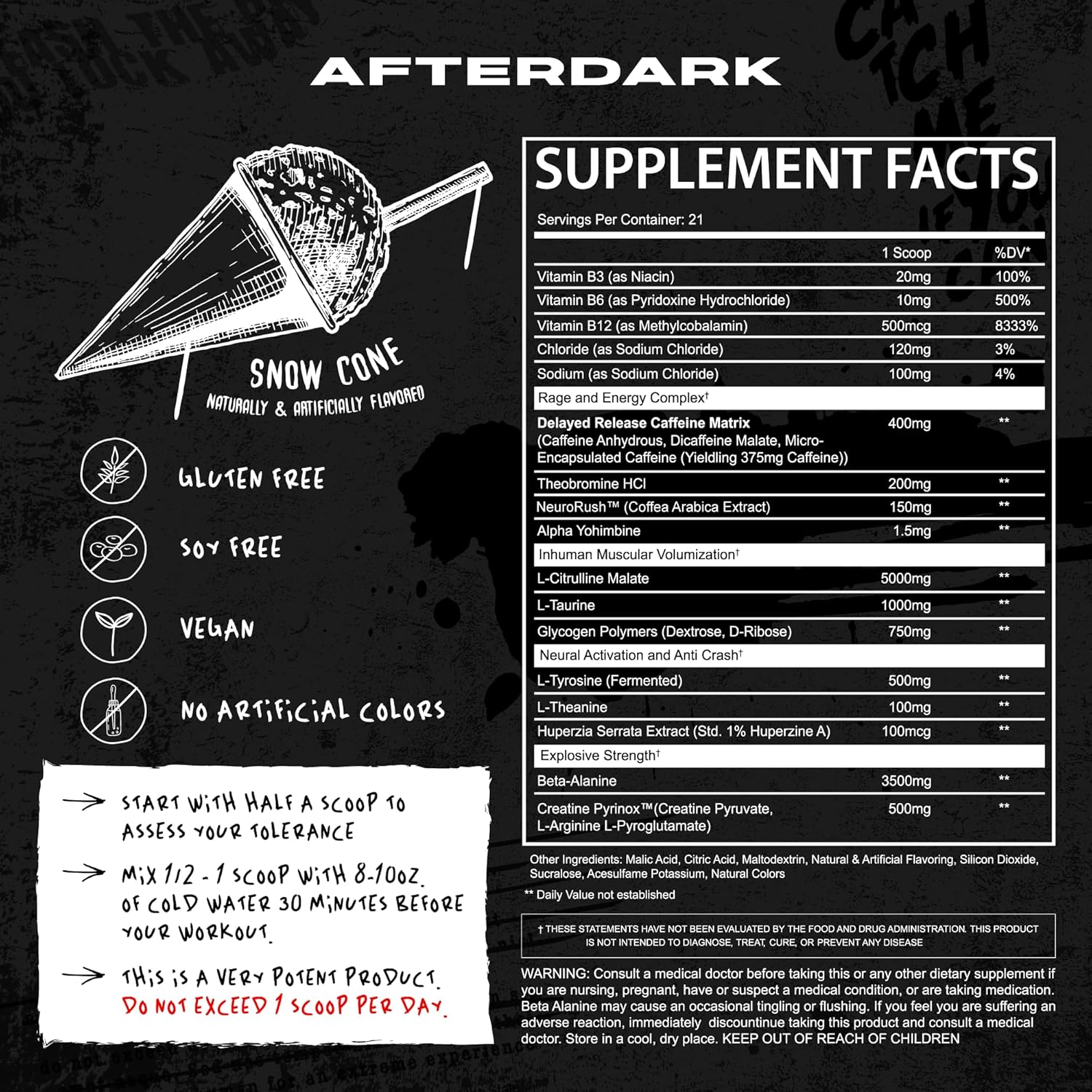 SnowCone AFTERDARK INHUMAN Pre-Workout Powder with Enhanced Mind-Muscle Connection and Sustained Energy, Vegan and Gluten-Free