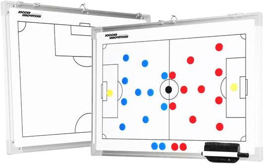 Soccer Innovations Double Sided Aluminum Magnetic Tactic Board with Player Magnets, Pen, & Wall Hanging Clips - Dry Erase Full & Half Field Strategy Board