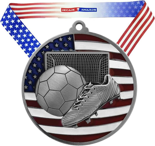 Soccer Patriotic Engraved Medal with American Flag Ribbon - 2.75 Inch Wide Futbol Medallion