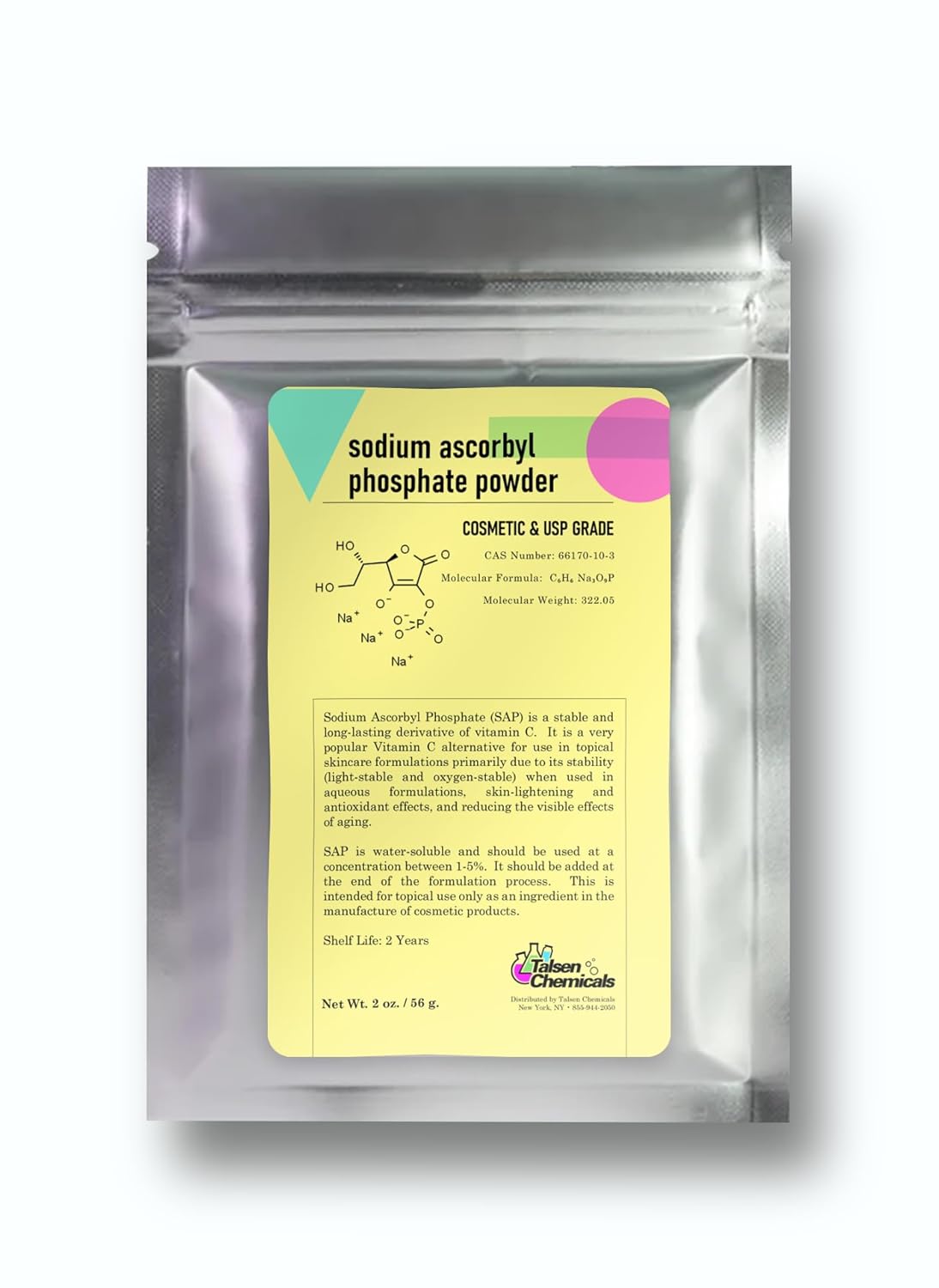 Sodium Ascorbyl Phosphate Powder for Skin Care - Antioxidant with Stable Vitamin C Derivative for Improved Skin Elasticity and Gloss - 2 oz / 56g