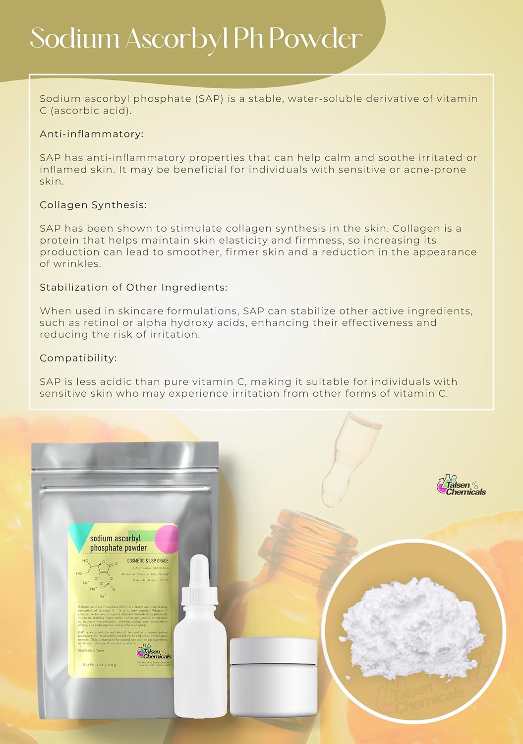 Sodium Ascorbyl Phosphate Powder for Skin Care - Antioxidant with Stable Vitamin C Derivative for Improved Skin Elasticity and Gloss - 2 oz / 56g