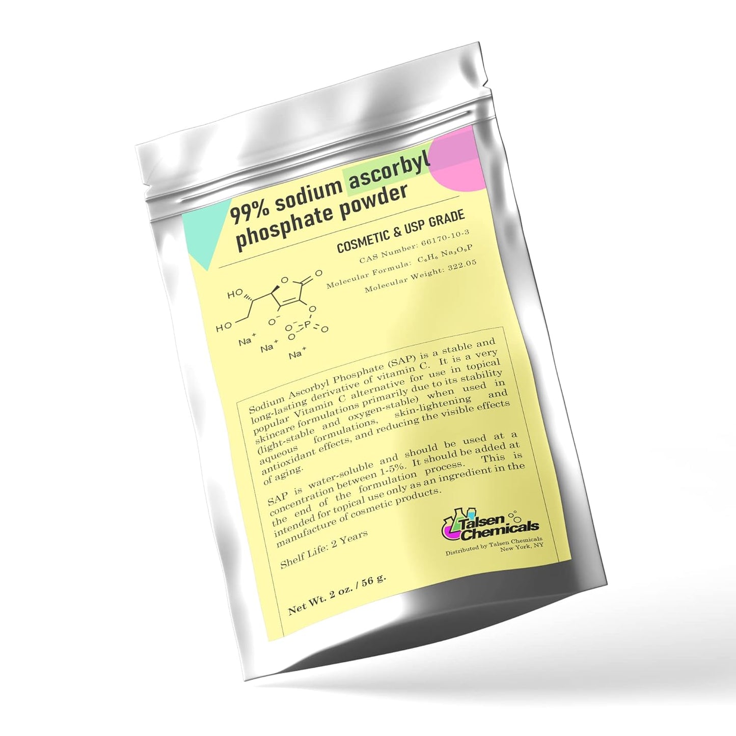 Sodium Ascorbyl Phosphate Powder for Skin Care - Antioxidant with Stable Vitamin C Derivative for Improved Skin Elasticity and Gloss - 2 oz / 56g