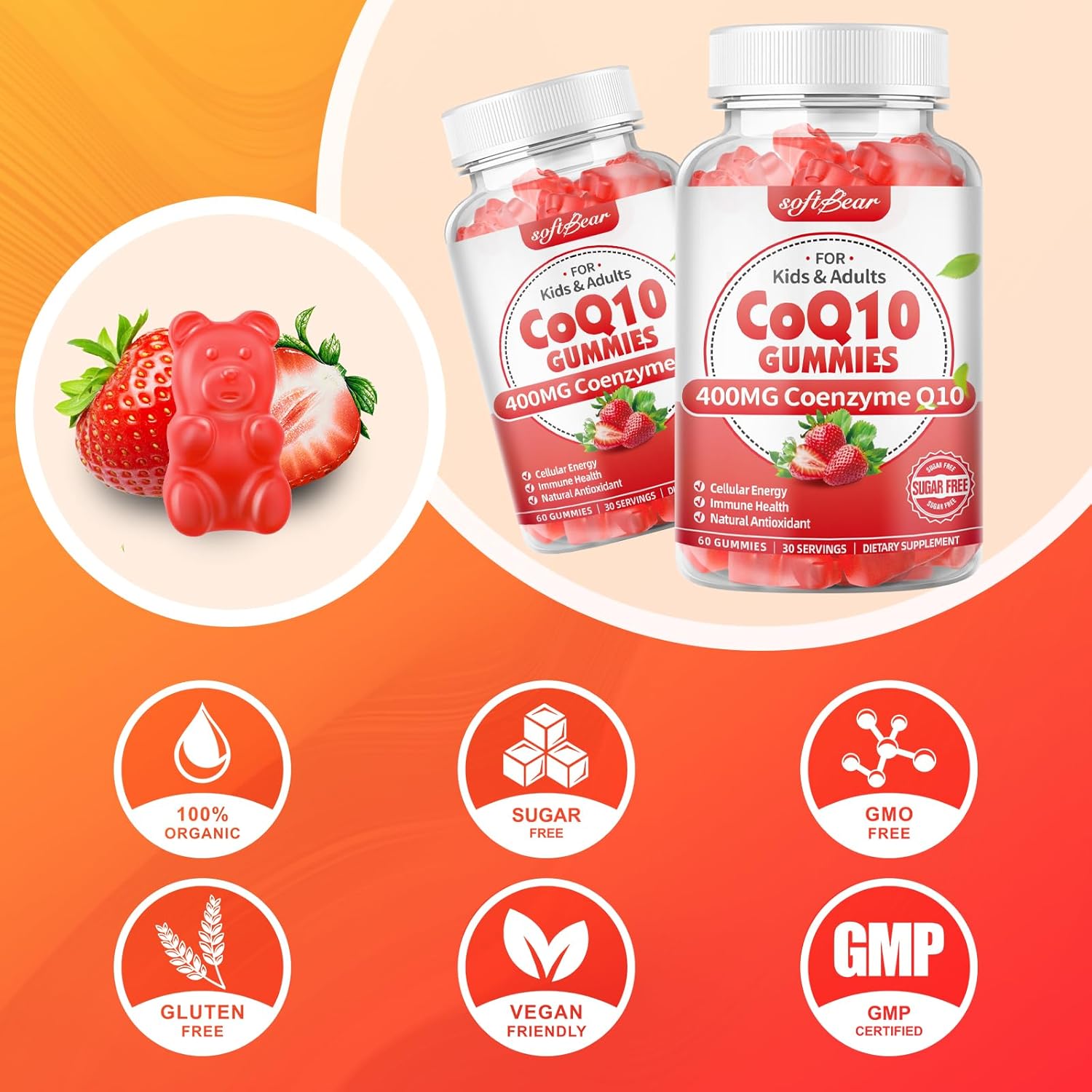 softbear CoQ10 Gummies 400mg Supplement with Omega-3, Magnesium, Vitamin B3 & Zinc - Antioxidant & Energy Support for Adults - Strawberry Flavor 60 Count