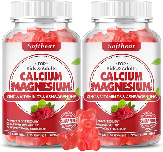 Softbear Women's Calcium Magnesium Zinc Gummies with Vitamin D3 - High Absorption Vegan Raspberry Flavor - 120 Gummies