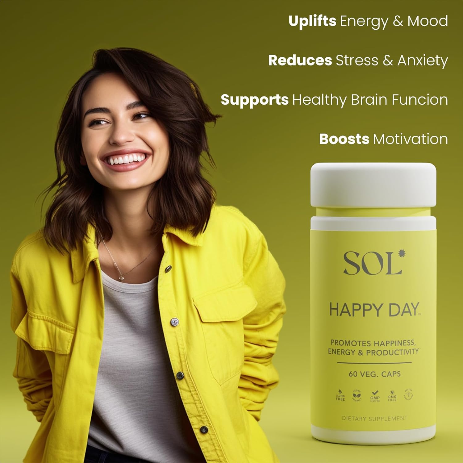 Sol Nutrition Happy Day Supplement: Natural Herbal Blend for Healthy Living - 60 Capsules