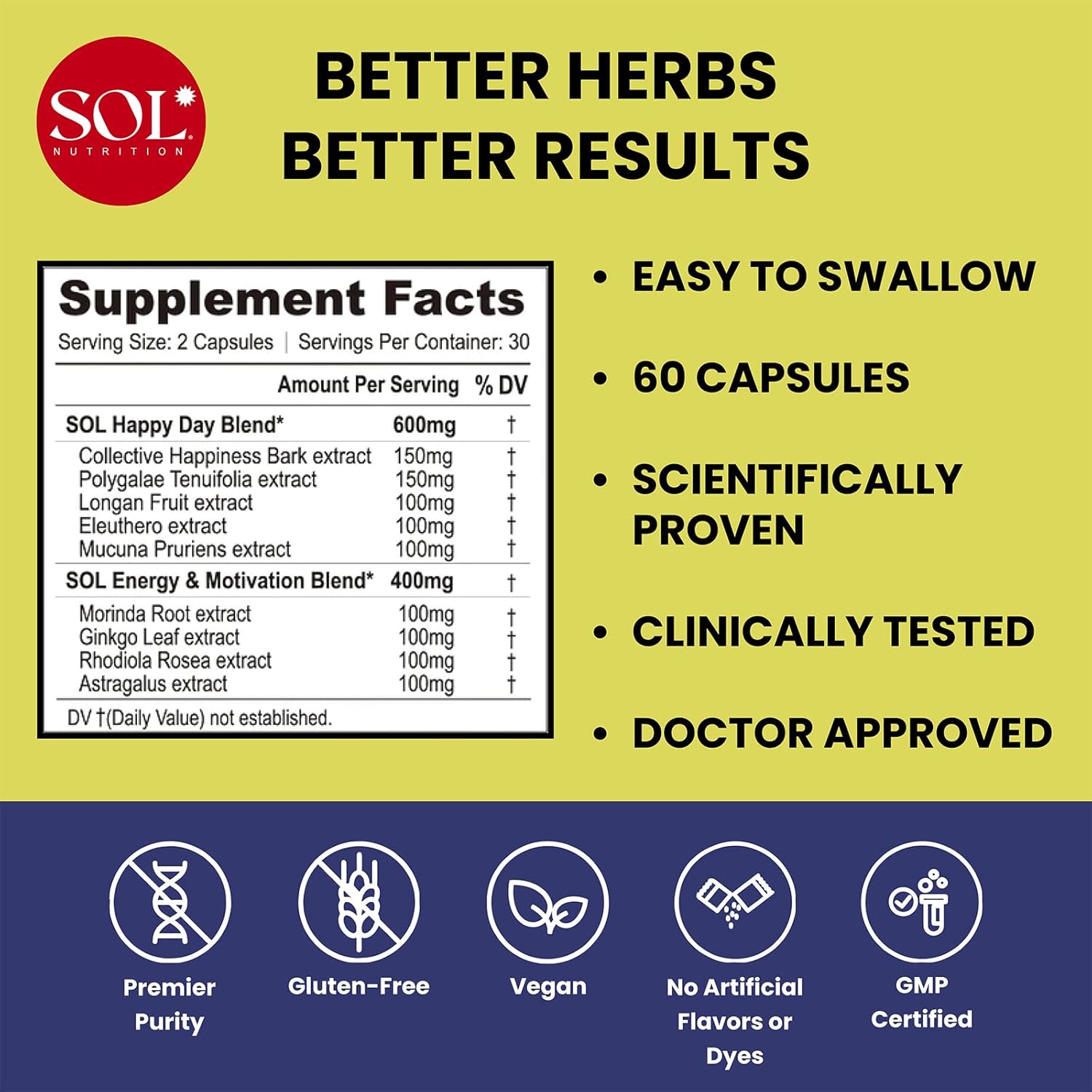 Sol Nutrition Happy Day Supplement: Natural Herbal Blend for Healthy Living - 60 Capsules
