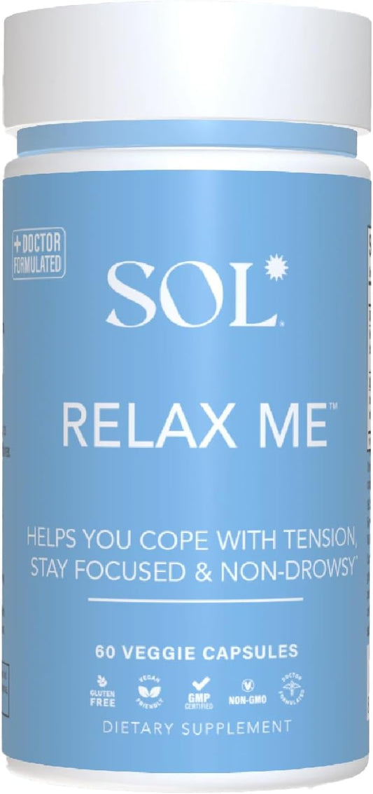 Sol Nutrition Relax Me - Natural Stress Relief Supplement for Calming and Relaxing the Mind and Body - Mood Support - Non-Drowsy - 60 Veg Caps