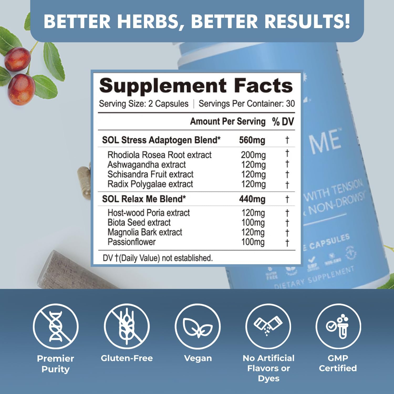 Sol Nutrition Relax Me - Natural Stress Relief Supplement for Calming and Relaxing the Mind and Body - Mood Support - Non-Drowsy - 60 Veg Caps