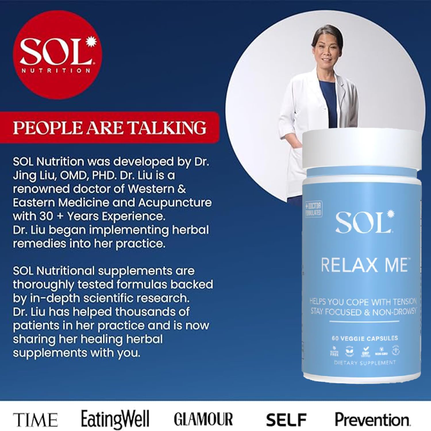 Sol Nutrition Relax Me - Natural Stress Relief Supplement for Calming and Relaxing the Mind and Body - Mood Support - Non-Drowsy - 60 Veg Caps