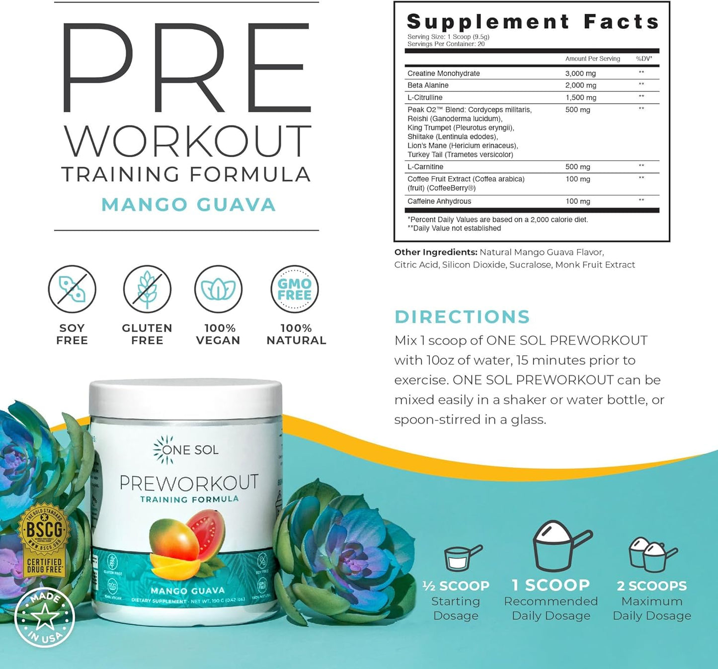 Sol Pre-Workout for Women - Enhanced Pump & Focus, Natural Ingredients, Vegan (Mango Guava)