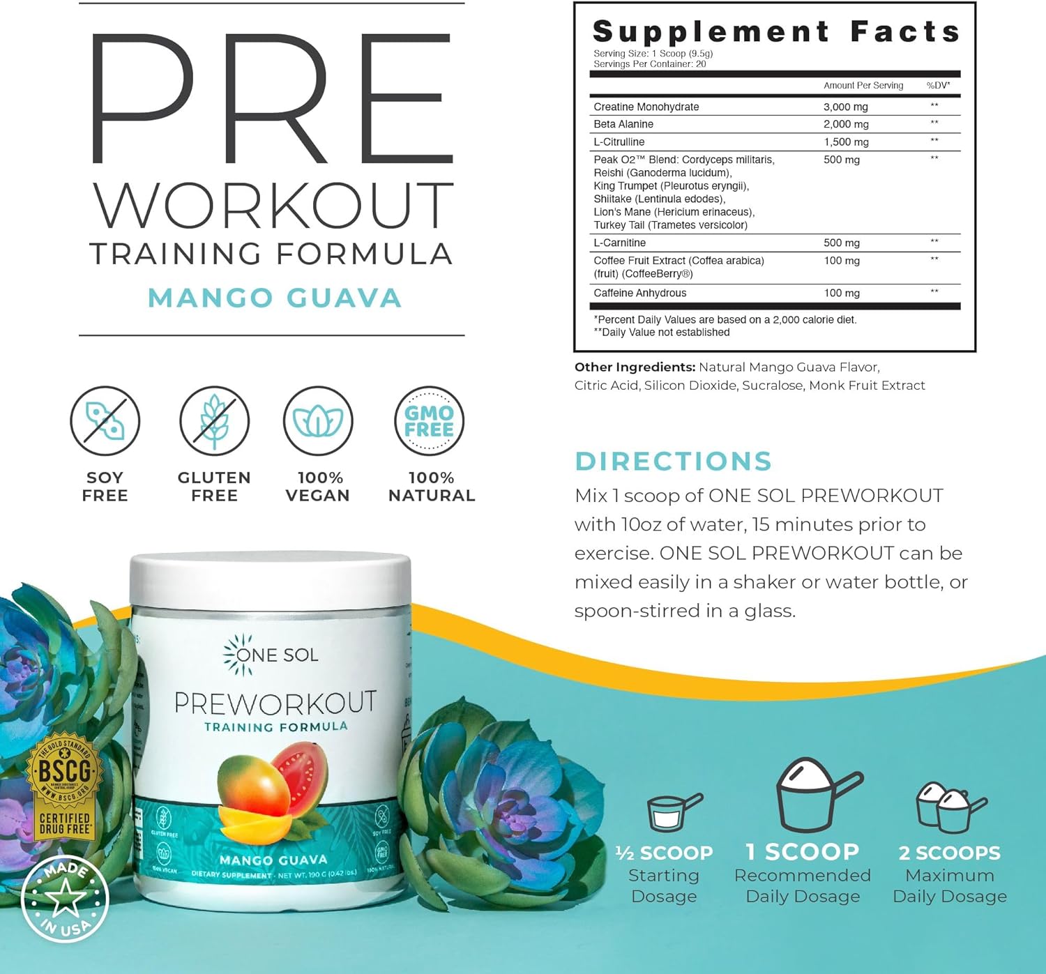 Sol Pre-Workout for Women - Enhanced Pump & Focus, Natural Ingredients, Vegan (Mango Guava)