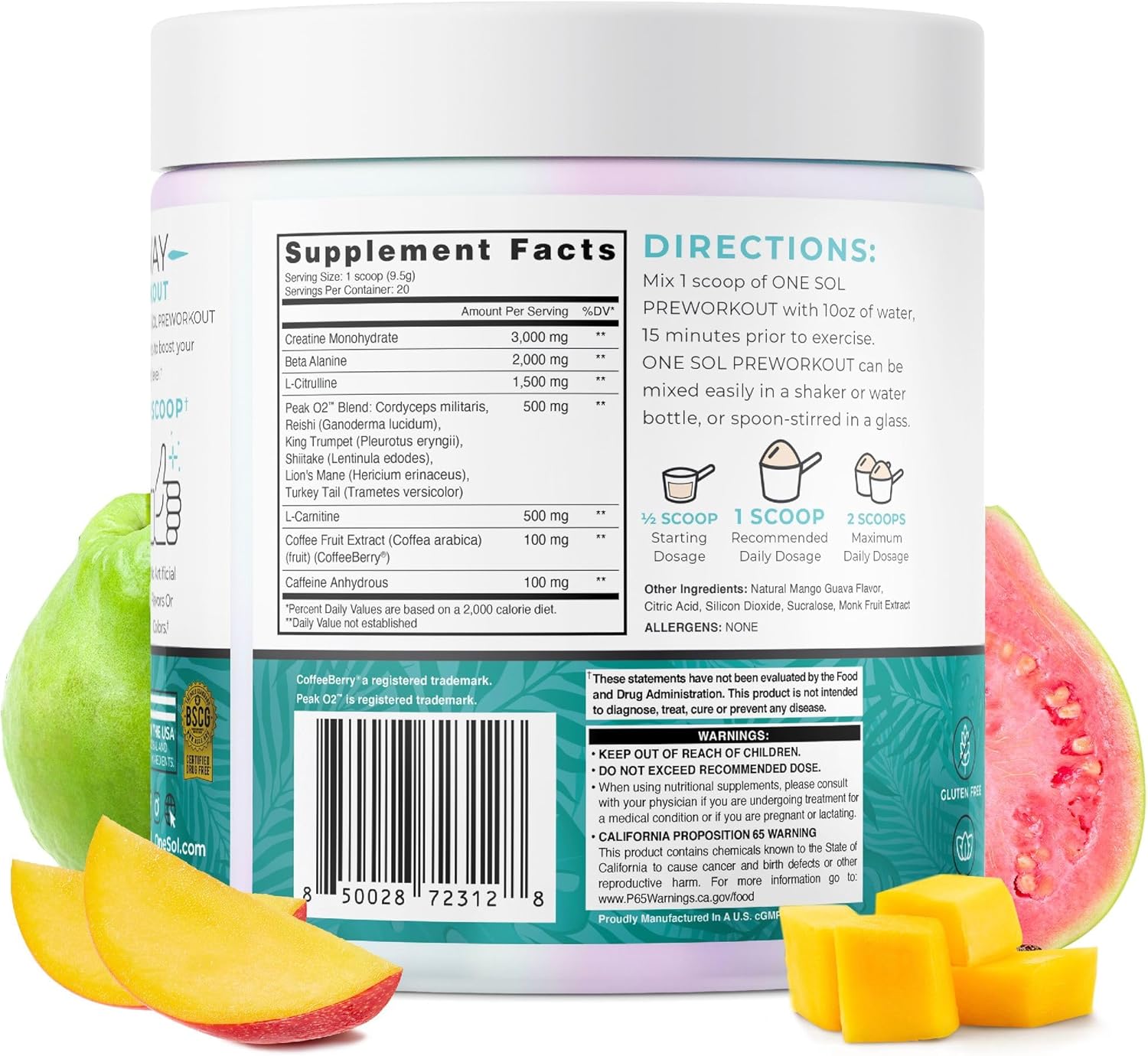 Sol Pre-Workout for Women - Enhanced Pump & Focus, Natural Ingredients, Vegan (Mango Guava)