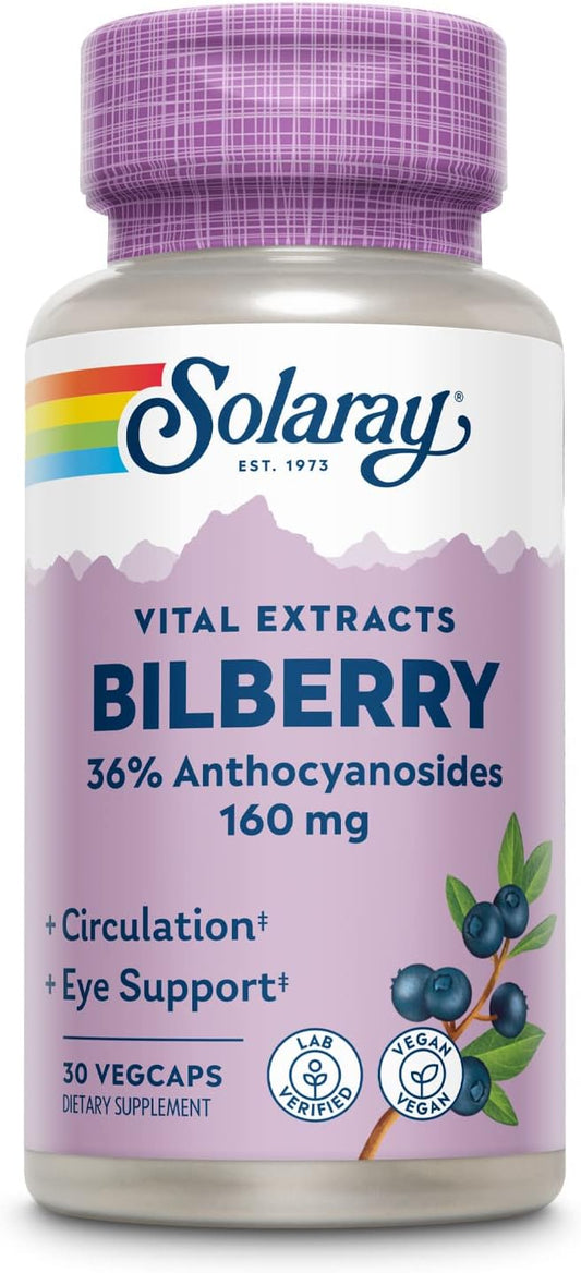 Solaray Bilberry Extract 160mg Capsules - Eye Health & Circulation Support with 36% Anthocyanosides and Blueberry - Vegan - 30 Count