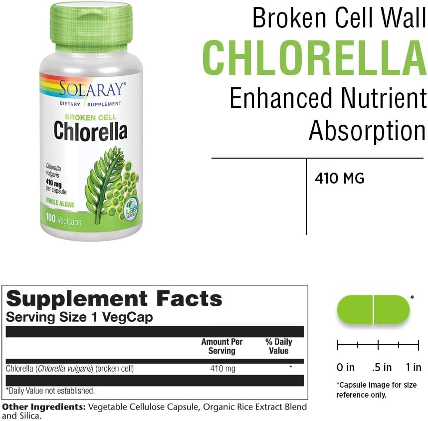 Solaray Broken Cell Chlorella 410 mg Capsules | Superfood Rich in Protein, Vitamins, Minerals, Chlorophyll | Non-GMO | 100 Vegetarian Capsules