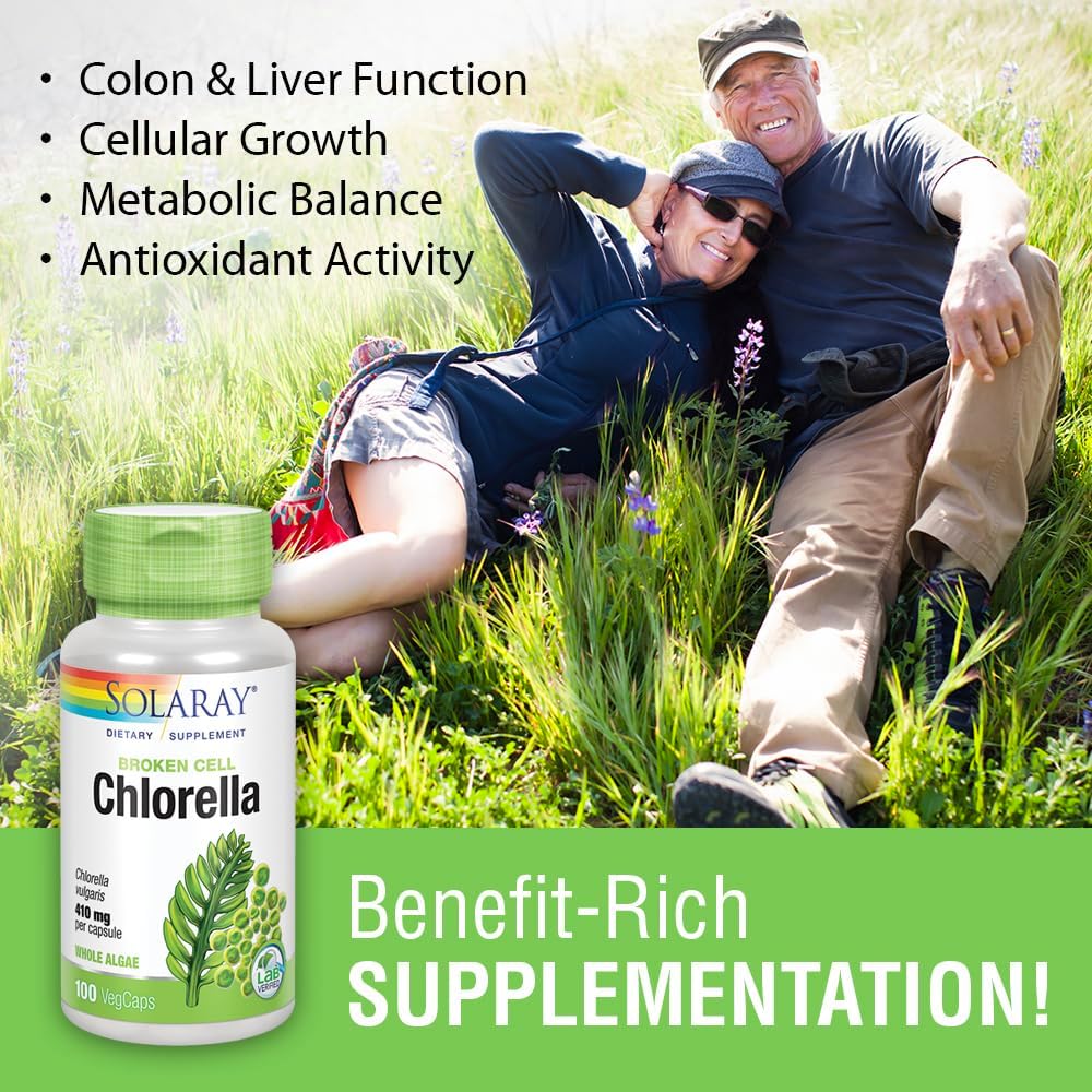 Solaray Broken Cell Chlorella 410 mg Capsules | Superfood Rich in Protein, Vitamins, Minerals, Chlorophyll | Non-GMO | 100 Vegetarian Capsules