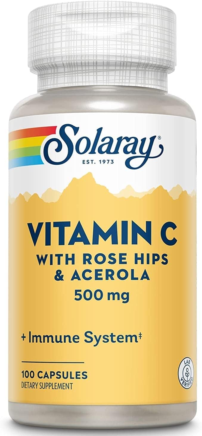 Solaray C Capsules with Rose Hips and Acerola, 500mg - 100 Count, Pack of 2 - Plastic Bottle