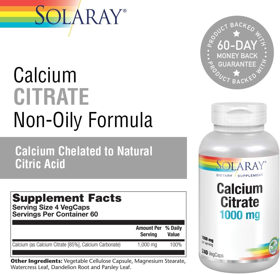 Solaray Calcium Citrate Capsules - 1000 mg, 240 Count - Vegan-Friendly Formula