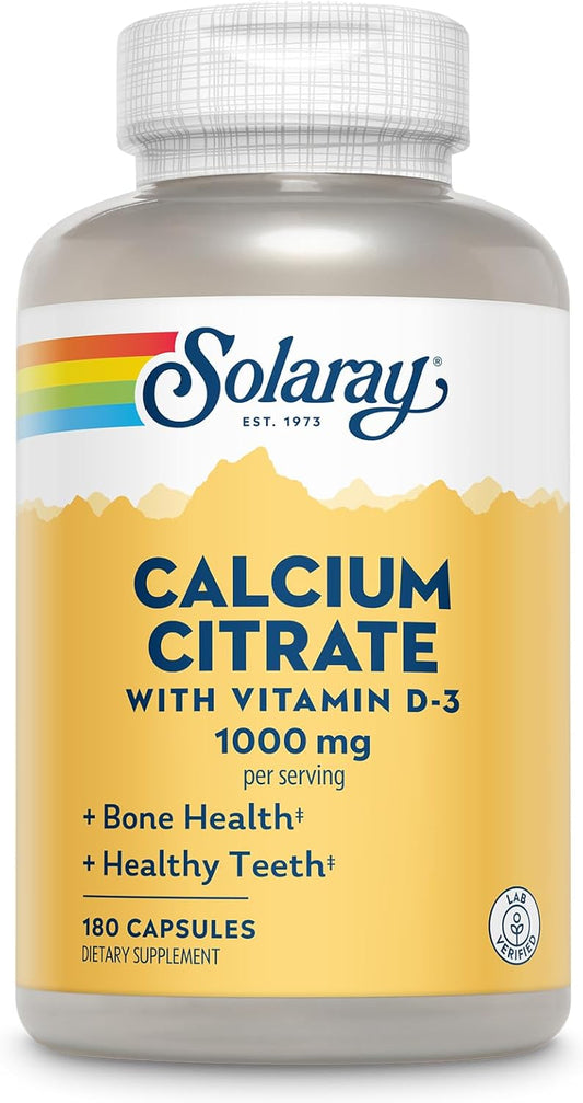 Solaray Calcium Citrate with Vitamin D3 1000mg Capsules for Bone and Teeth Health - Gentle on Stomach, Lab Verified - 180 Count, 30 Day Supply