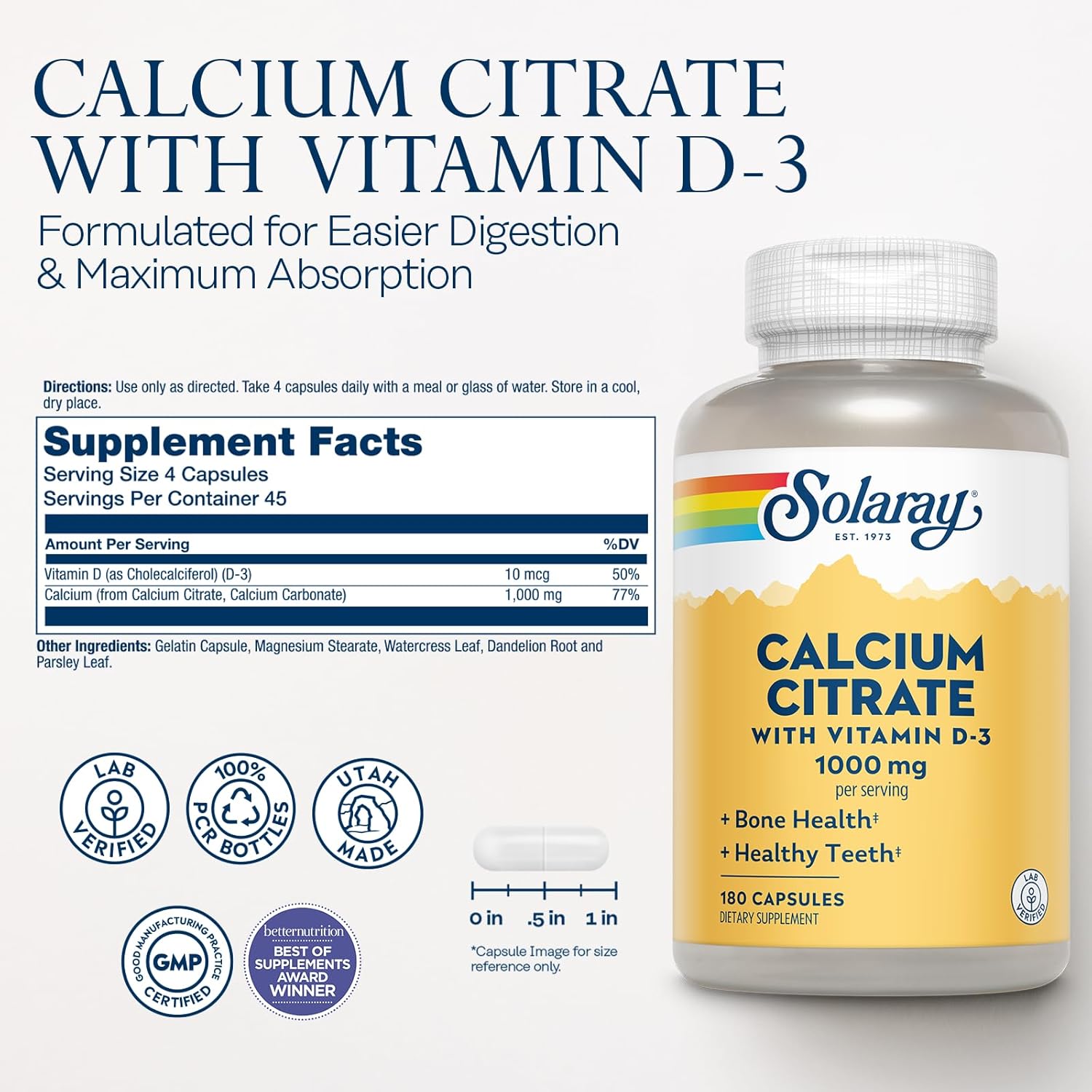 Solaray Calcium Citrate with Vitamin D3 1000mg Capsules for Bone and Teeth Health - Gentle on Stomach, Lab Verified - 180 Count, 30 Day Supply