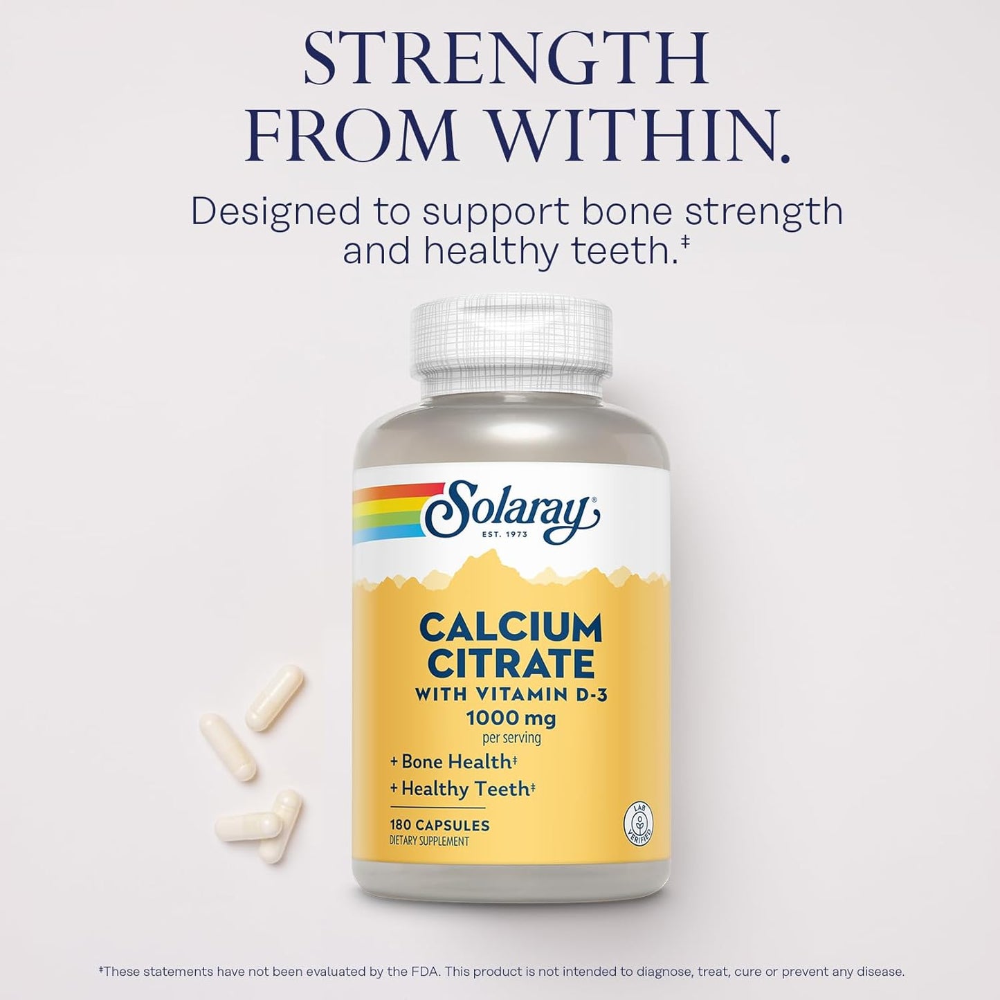 Solaray Calcium Citrate with Vitamin D3 1000mg Capsules for Bone and Teeth Health - Gentle on Stomach, Lab Verified - 180 Count, 30 Day Supply