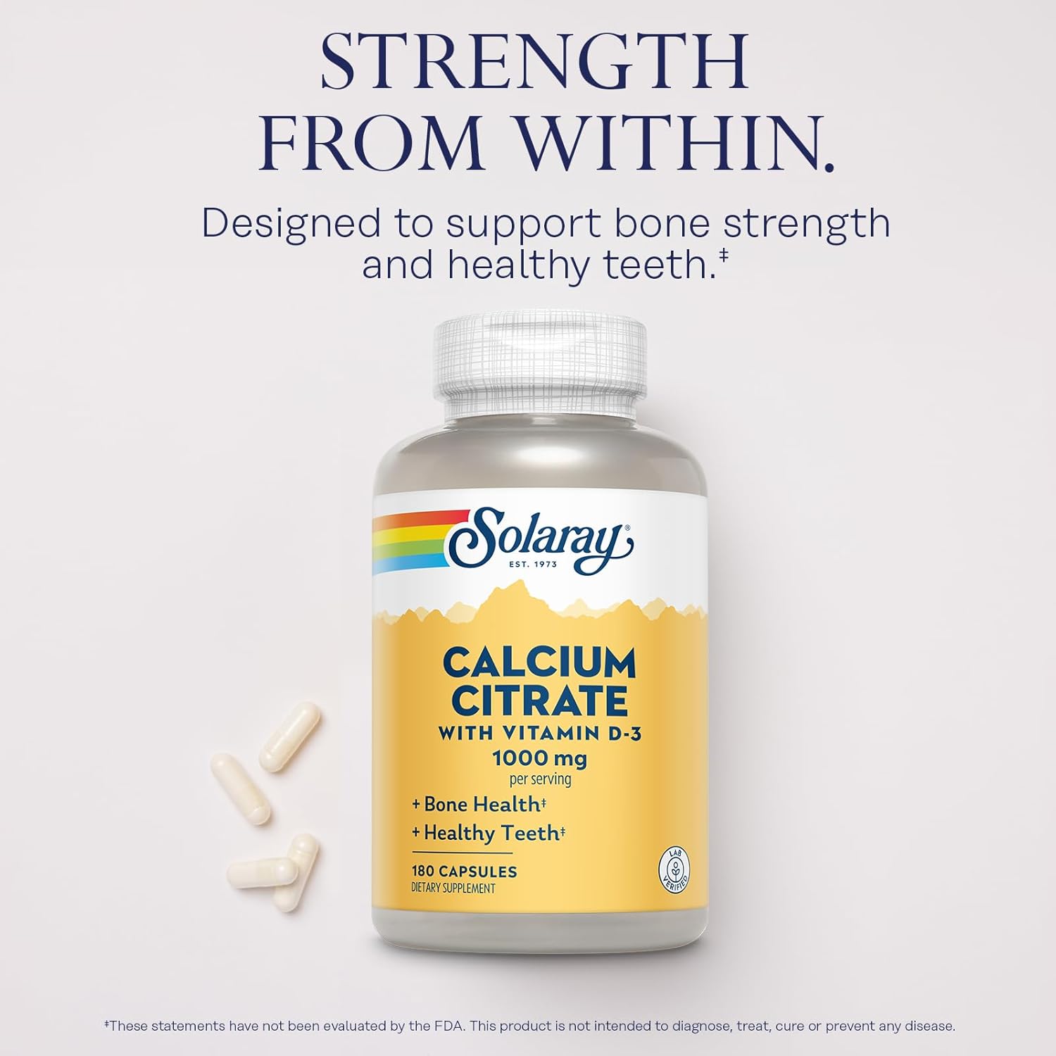 Solaray Calcium Citrate with Vitamin D3 1000mg Capsules for Bone and Teeth Health - Gentle on Stomach, Lab Verified - 180 Count, 30 Day Supply