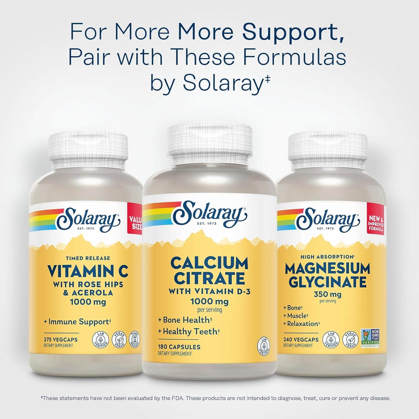 Solaray Calcium Citrate with Vitamin D3 1000mg Capsules for Bone and Teeth Health - Gentle on Stomach, Lab Verified - 180 Count, 30 Day Supply