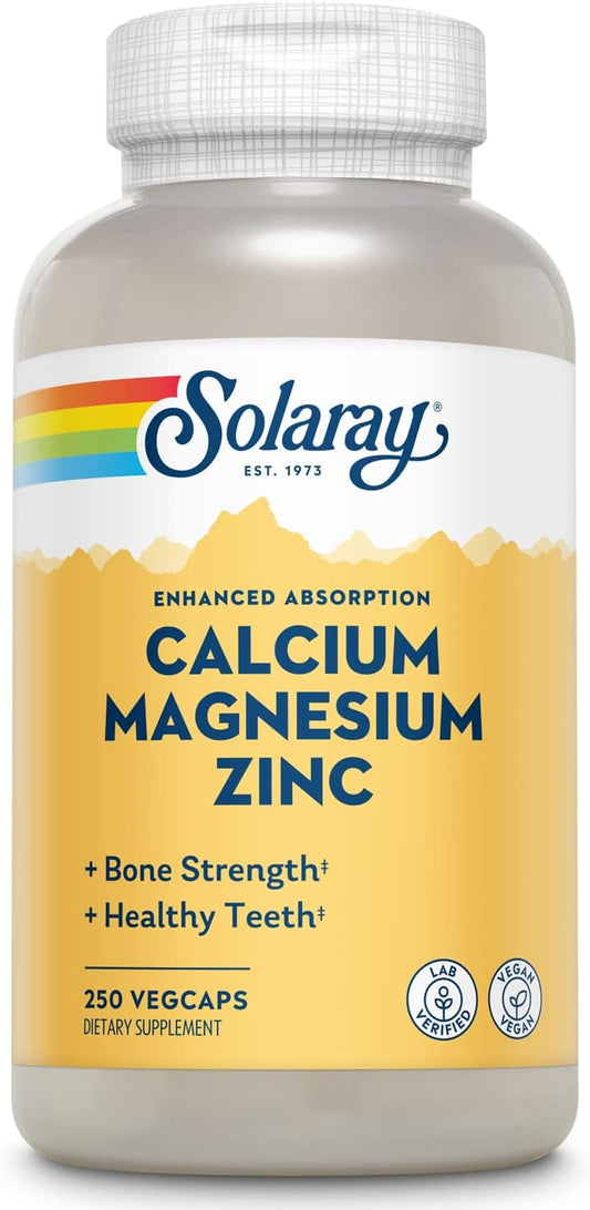 Solaray Calcium Magnesium Zinc Supplement 1000/500mg 250 Count - Vegetarian Capsules for Bone Health and Immune Support