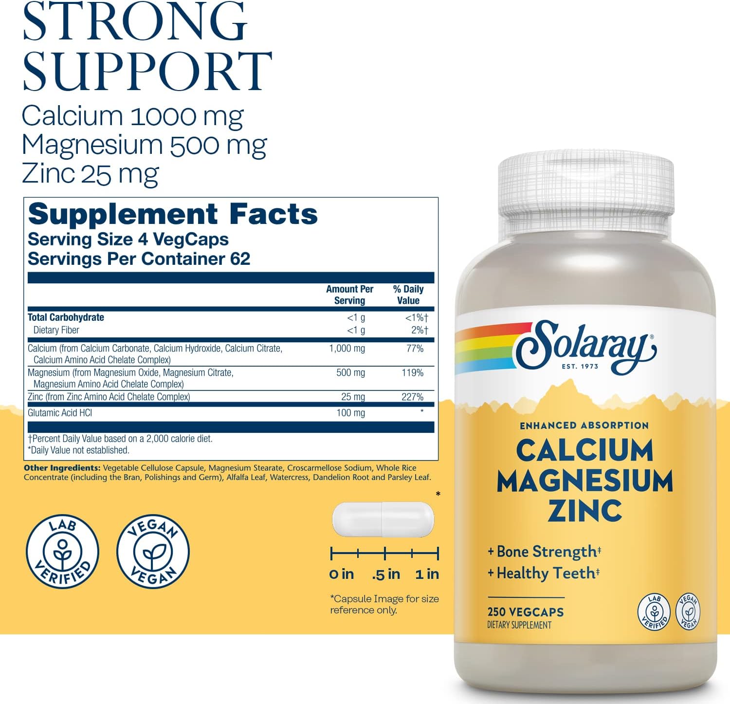 Solaray Calcium Magnesium Zinc Supplement 1000/500mg 250 Count - Vegetarian Capsules for Bone Health and Immune Support