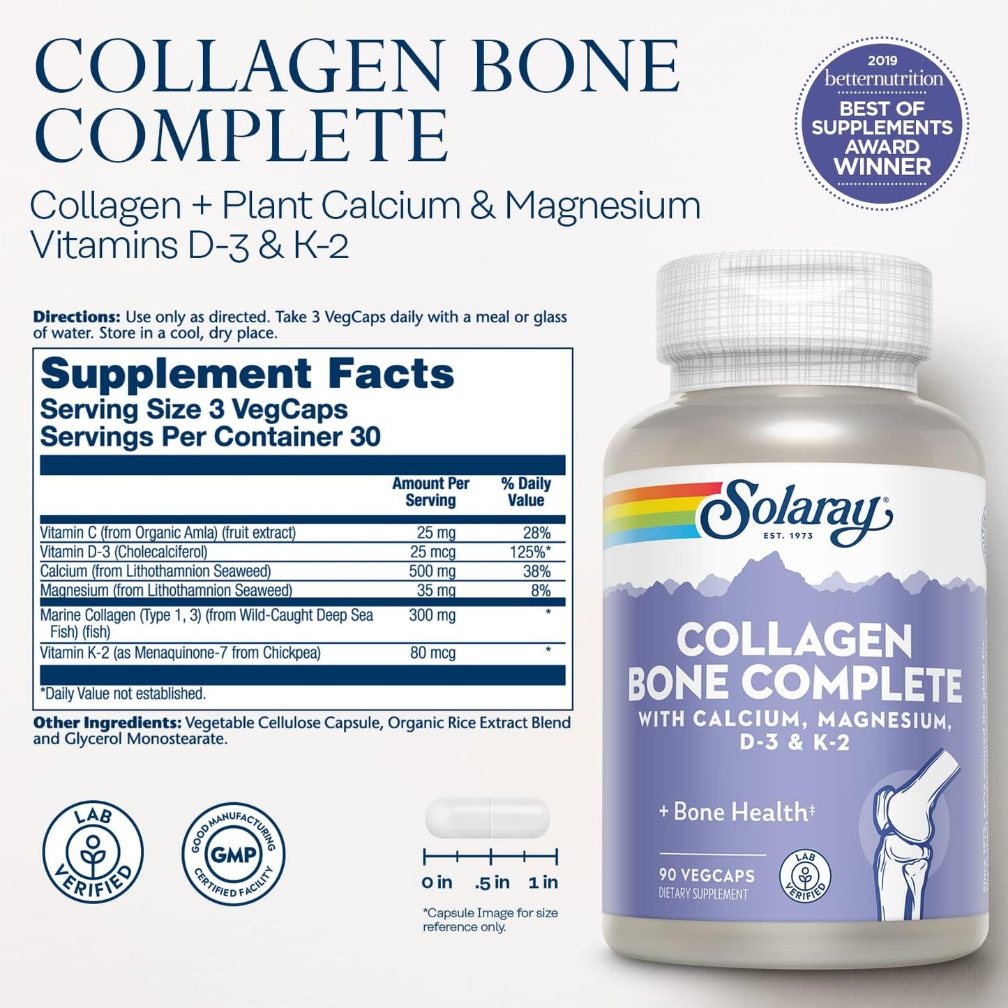 Solaray Collagen Bone Complete - Plant Calcium & Magnesium Formula - 30 Servings - 90 VegCaps