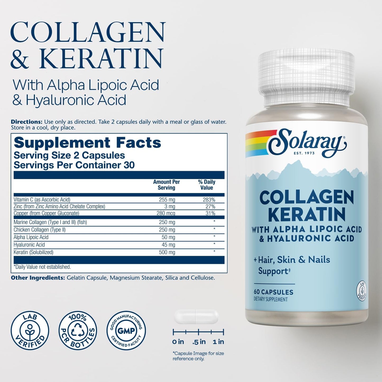 Solaray Collagen Keratin Capsules with Alpha Lipoic Acid & Hyaluronic Acid - Type I, II & III Collagen - Hair, Skin, Nails & Joint Health - 30 Servings, 60 Pills