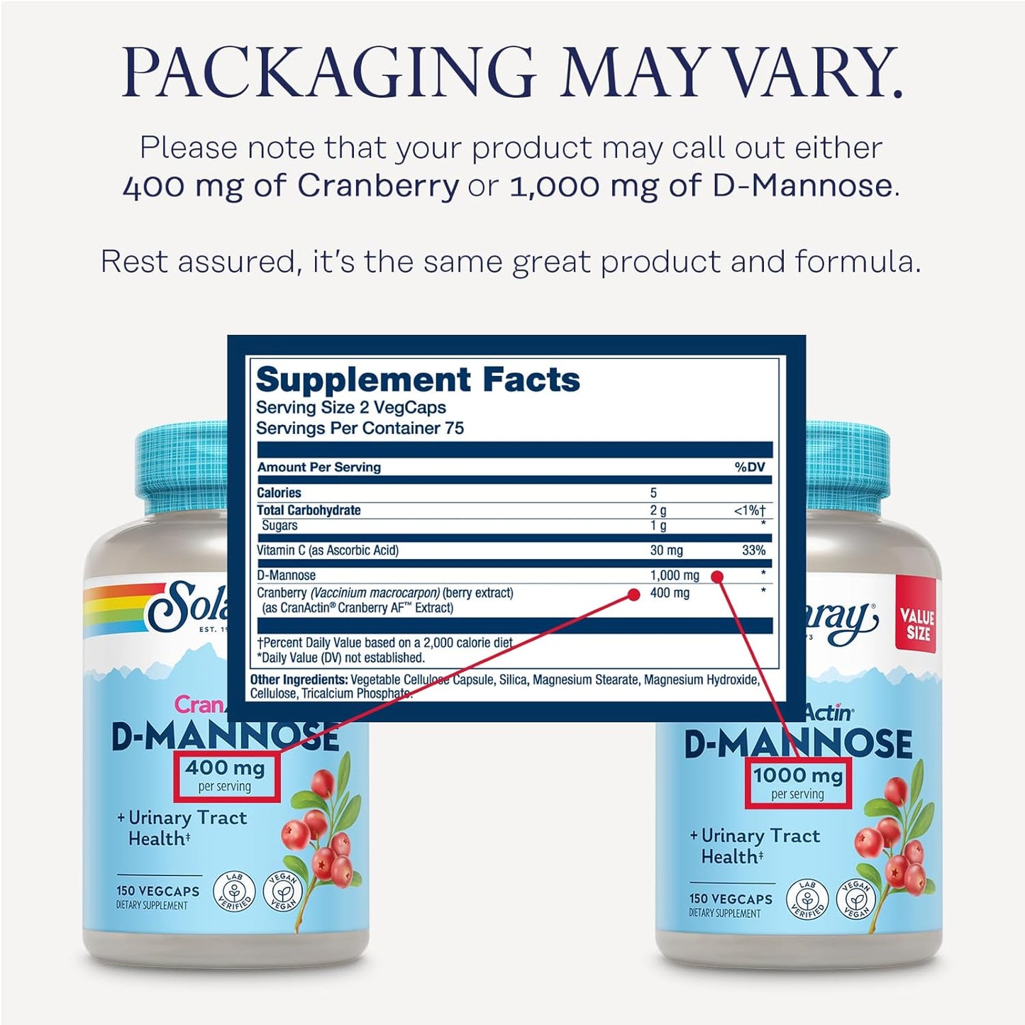 Solaray D-Mannose 1000mg & CranActin Cranberry Capsules for Urinary Tract & Bladder Support - 150 VegCaps, Vegan, Vitamin C, 60 Day Guarantee