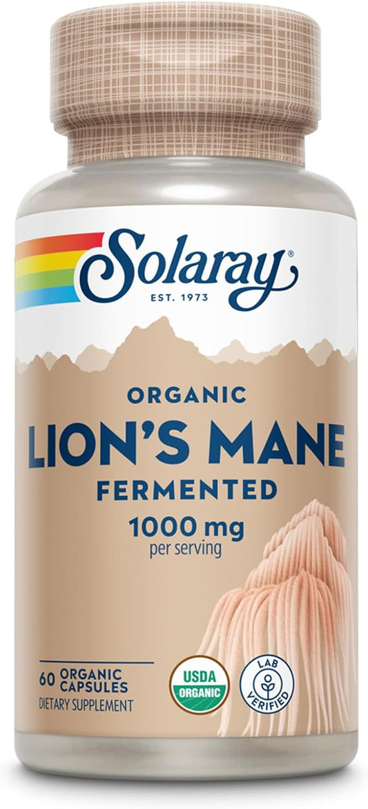 Solaray Fermented Lions Mane Mushroom Capsules - Promotes Healthy Brain Function, Mental Focus, and Immune Support - 60 Vegcaps, 30 Servings