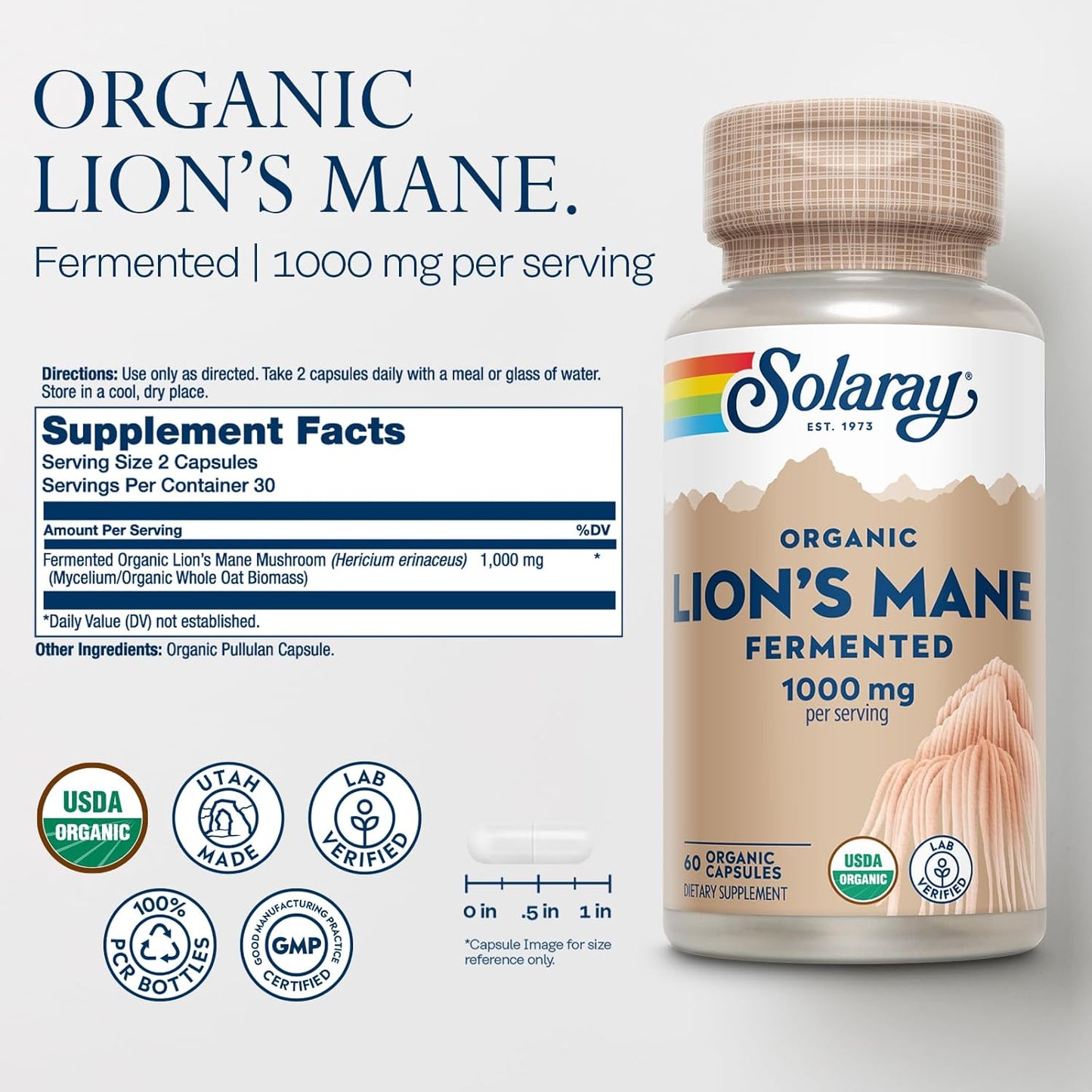 Solaray Fermented Lions Mane Mushroom Capsules - Promotes Healthy Brain Function, Mental Focus, and Immune Support - 60 Vegcaps, 30 Servings
