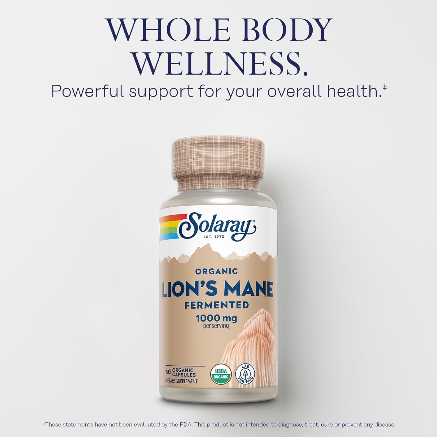 Solaray Fermented Lions Mane Mushroom Capsules - Promotes Healthy Brain Function, Mental Focus, and Immune Support - 60 Vegcaps, 30 Servings