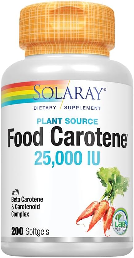 Solaray Food Carotene Capsules - 25000IU Beta Carotene for Skin & Eye Health, Antioxidant & Immune Support - 200 Count