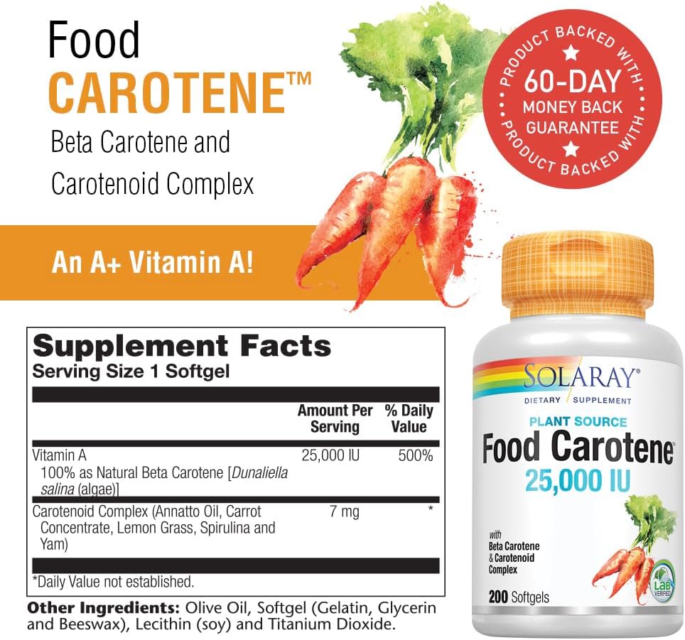 Solaray Food Carotene Capsules - 25000IU Beta Carotene for Skin & Eye Health, Antioxidant & Immune Support - 200 Count