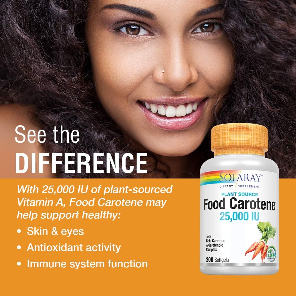 Solaray Food Carotene Capsules - 25000IU Beta Carotene for Skin & Eye Health, Antioxidant & Immune Support - 200 Count