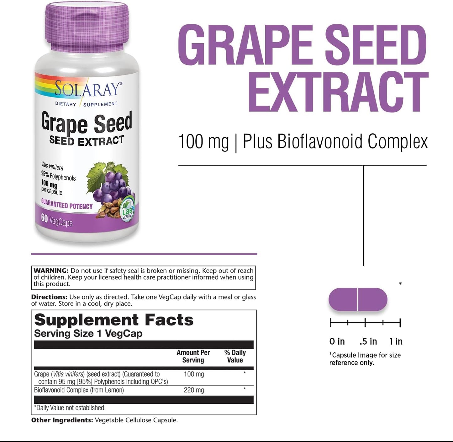 Solaray Grape Seed Extract 100mg with Bioflavonoid Complex for Heart & Blood Vessel Health - 60 VegCapsules