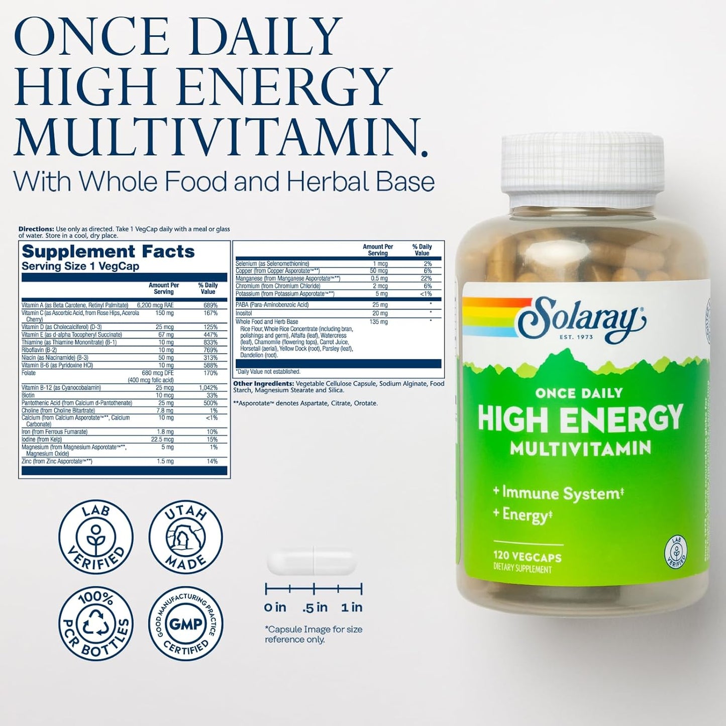 Solaray High Energy Multivitamin for Women and Men - Immune Support with Vitamin C, A, D, E, B Complex - 120 VegCaps - 60-Day Guarantee