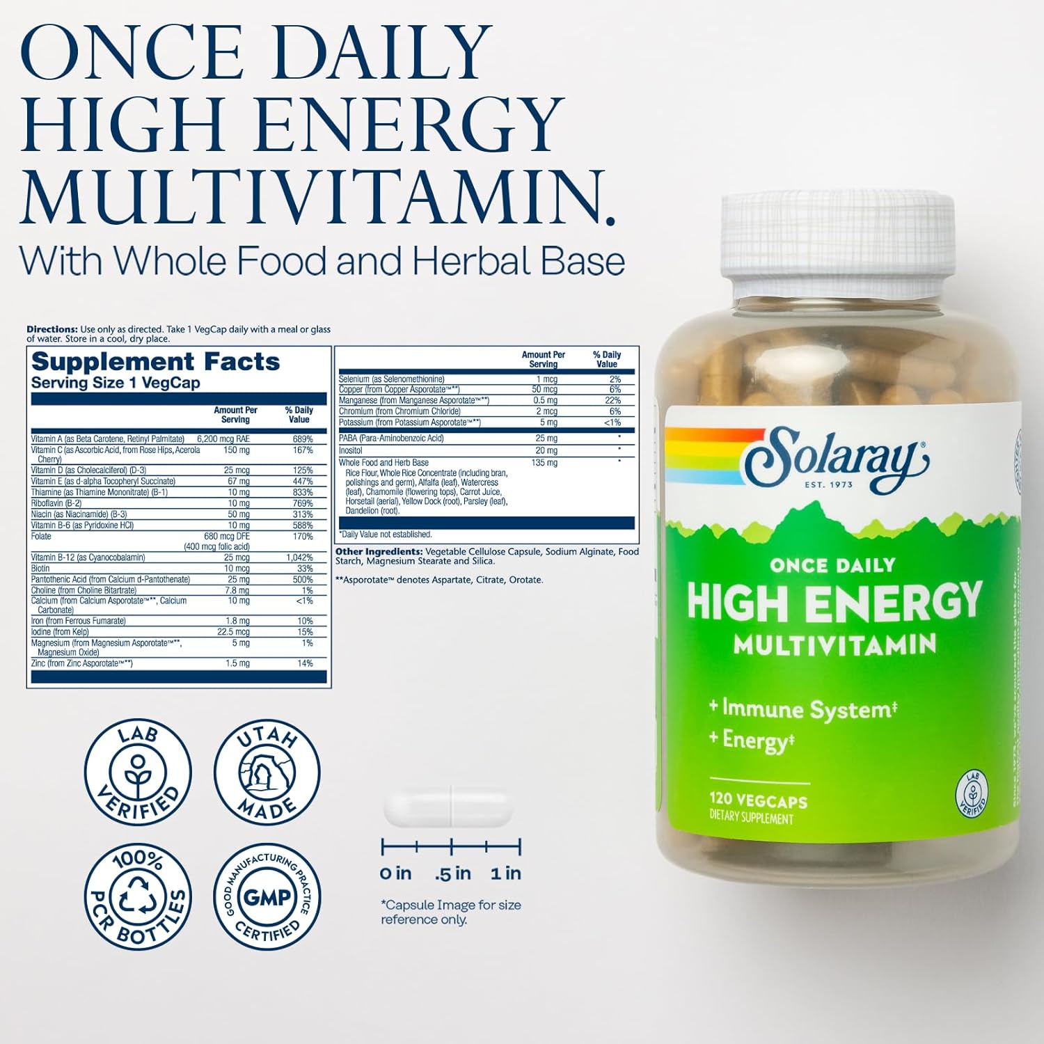Solaray High Energy Multivitamin for Women and Men - Immune Support with Vitamin C, A, D, E, B Complex - 120 VegCaps - 60-Day Guarantee