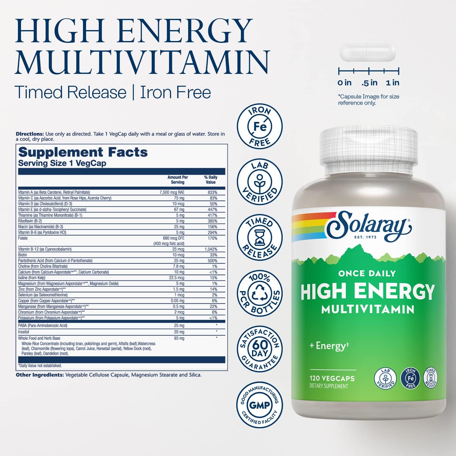 SOLARAY High Energy Multivitamin with Timed-Release Formula - 120 VegCaps, No Iron, Whole Food & Herb Base, 1/Day