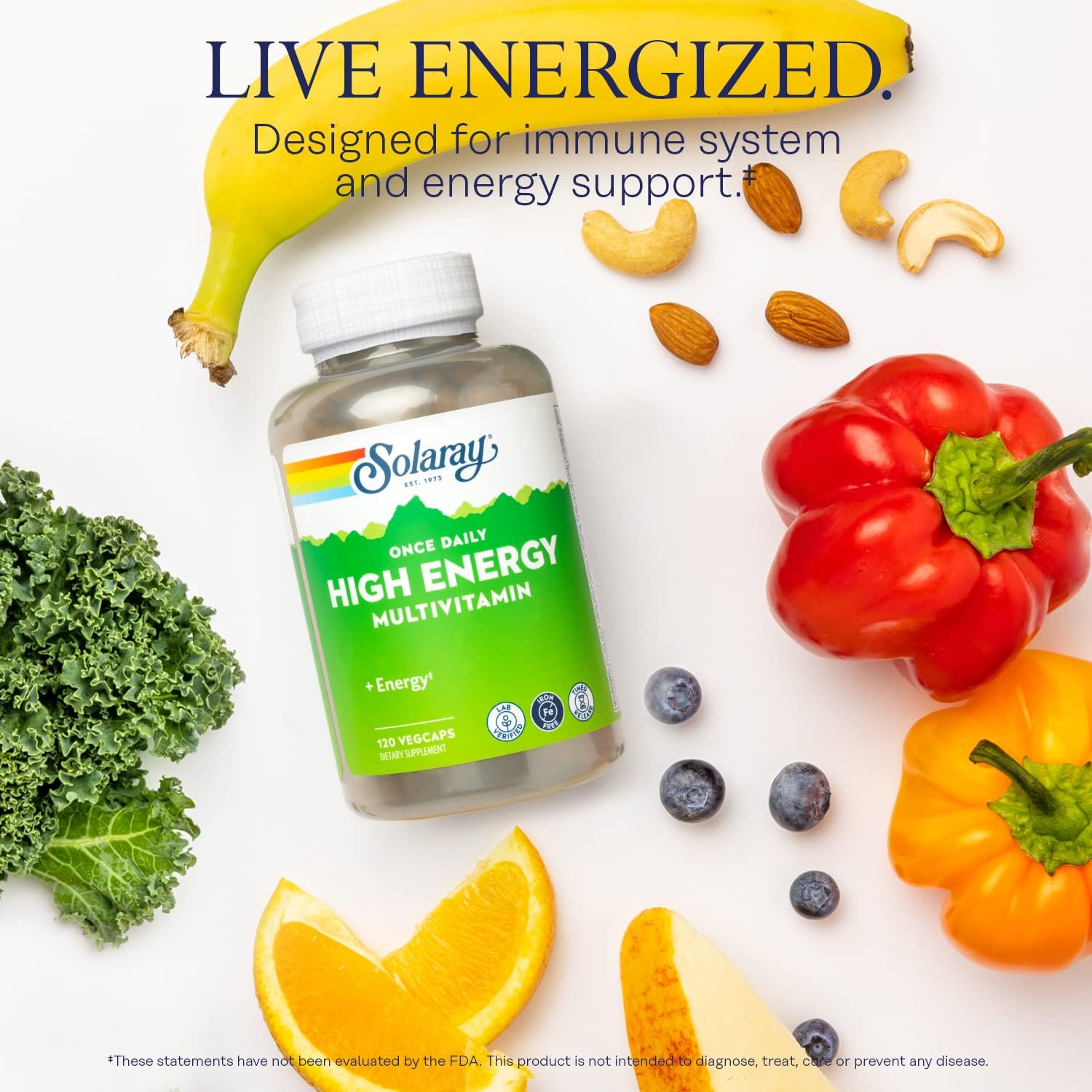 SOLARAY High Energy Multivitamin with Timed-Release Formula - 120 VegCaps, No Iron, Whole Food & Herb Base, 1/Day