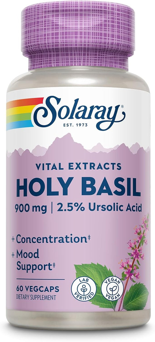 Solaray Holy Basil Capsules - High Potency 900mg, 60 Count - Adaptogenic Herb for Stress Relief and Wellness