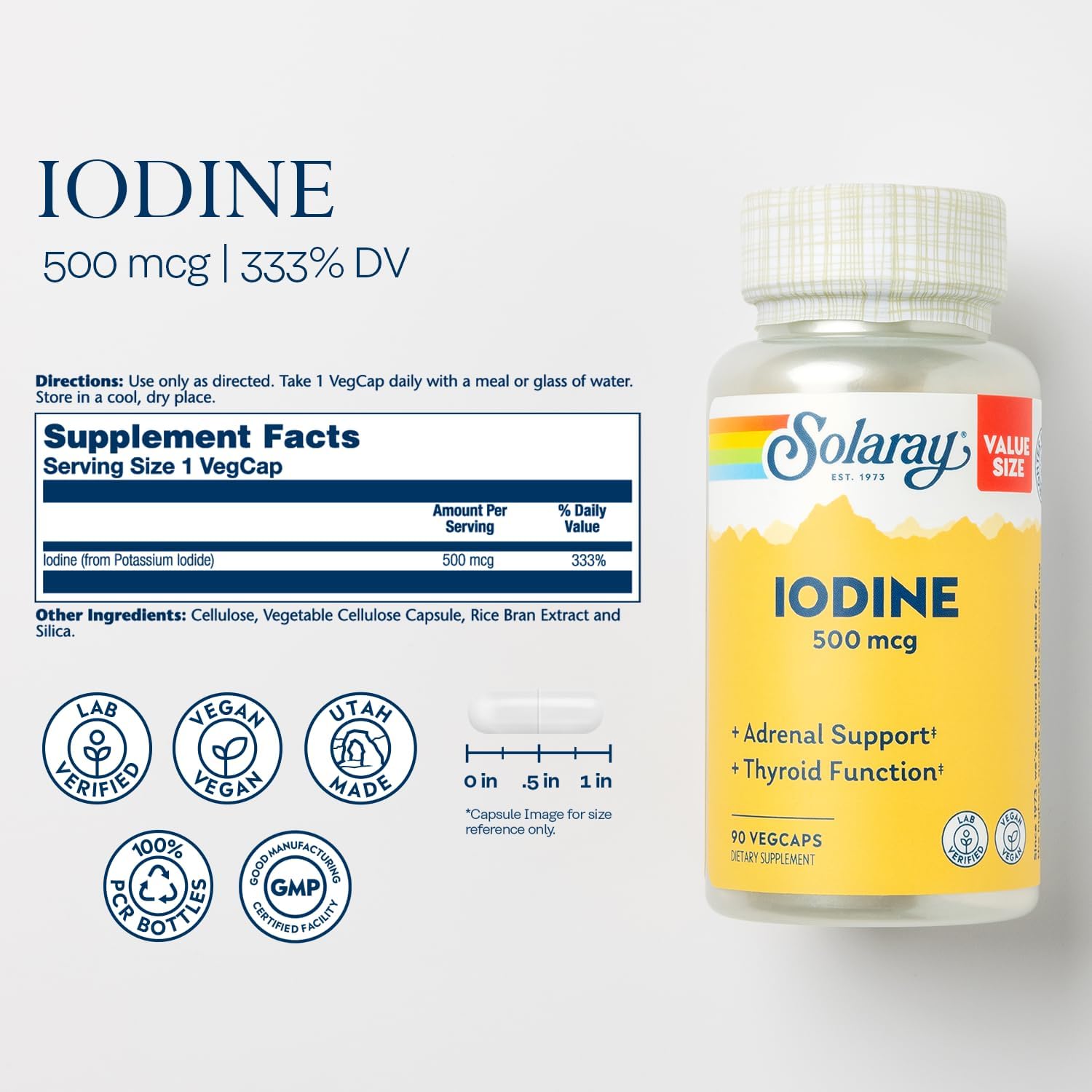 Solaray Iodine 500 mcg Supplement for Adrenal & Thyroid Support - Boost Energy & Metabolism - Potassium Iodide - Vegan - 90 VegCaps - 60-Day Guarantee