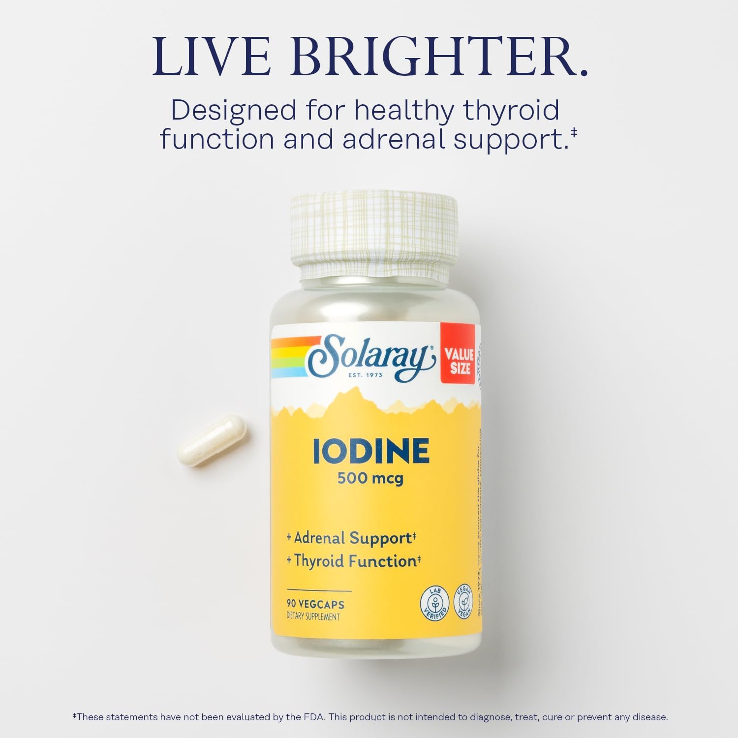 Solaray Iodine 500 mcg Supplement for Adrenal & Thyroid Support - Boost Energy & Metabolism - Potassium Iodide - Vegan - 90 VegCaps - 60-Day Guarantee
